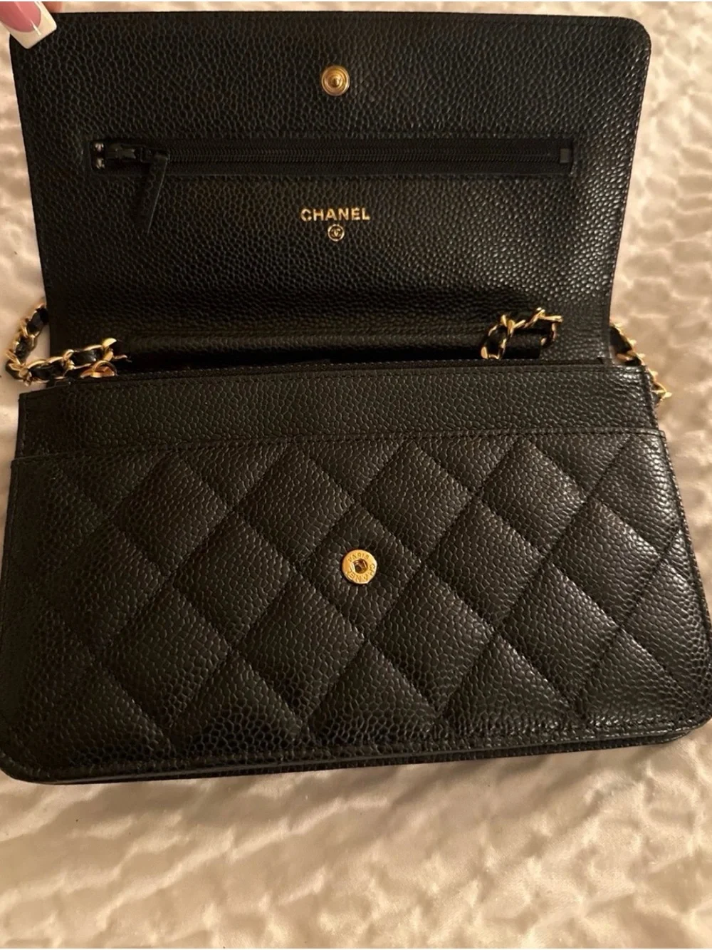 CHANEL Black Quilted Caviar Leather Wallet on Chain with Gold CC